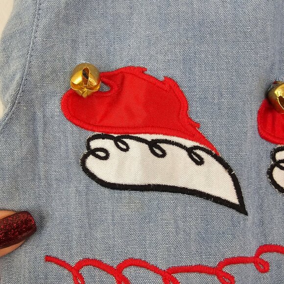 Womens Sz M/L P Blue Cotton Christmas Button Up Shirt Holidays Bells Festive - Picture 2 of 12